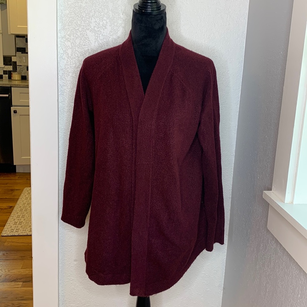 LOFT Burgundy Open-Front Longline Knit Cardigan Sweater Size Medium Cozy Fall